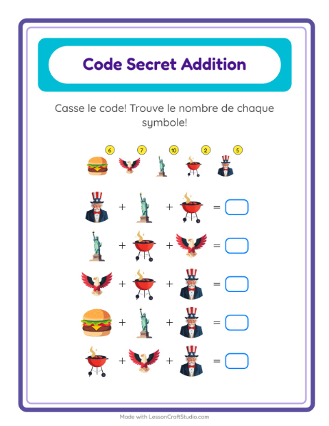 Aperçu de la fiche Addition Codée avec 4 juillet pour École maternelle (grande section, 5-7 ans)