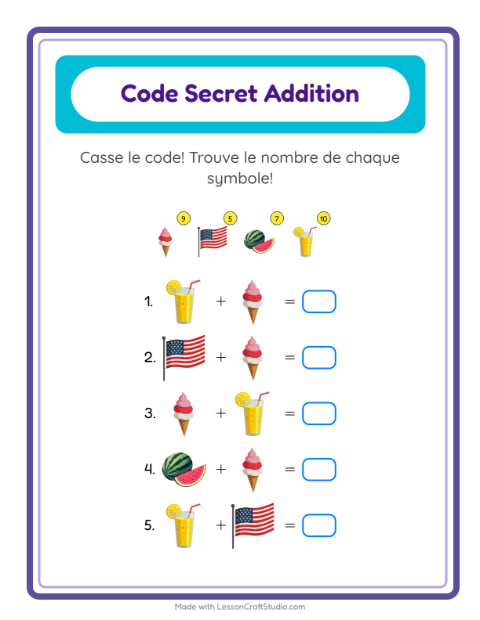 Aperçu de la fiche Addition Codée avec 4 juillet pour École maternelle (grande section, 5-7 ans)