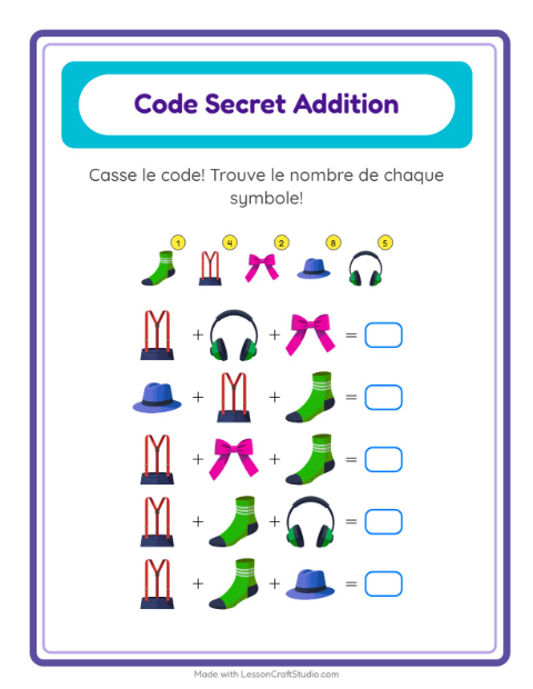 Aperçu de la fiche Addition Codée avec Accessoires pour École maternelle (grande section, 5-7 ans)