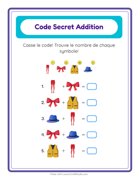 Aperçu de la fiche Addition Codée avec Accessoires pour École maternelle (grande section, 5-7 ans)