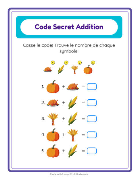 Aperçu de la fiche Addition Codée avec Action de grâce pour École maternelle (grande section, 5-7 ans)