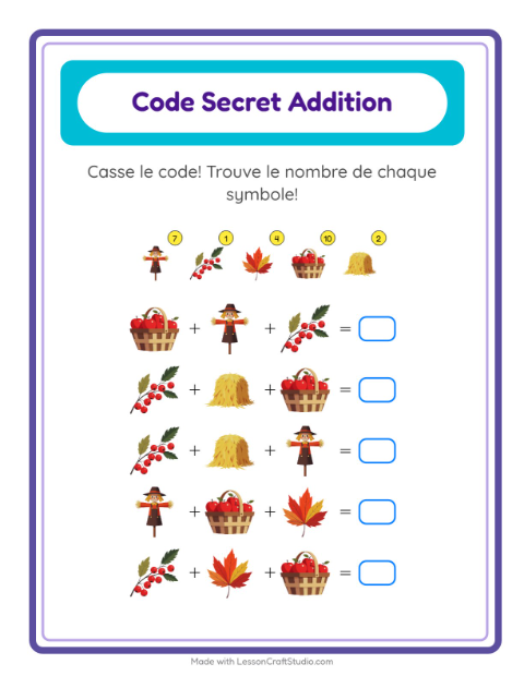 Aperçu de la fiche Addition Codée avec Action de grâce pour École maternelle (grande section, 5-7 ans)
