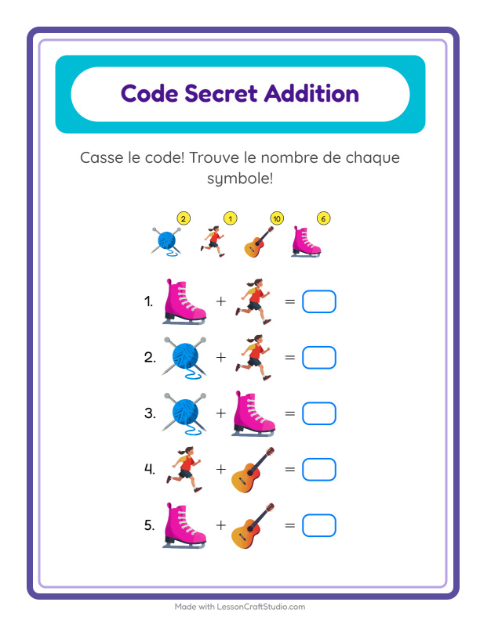 Aperçu de la fiche Addition Codée avec Activités pour École maternelle (grande section, 5-7 ans)