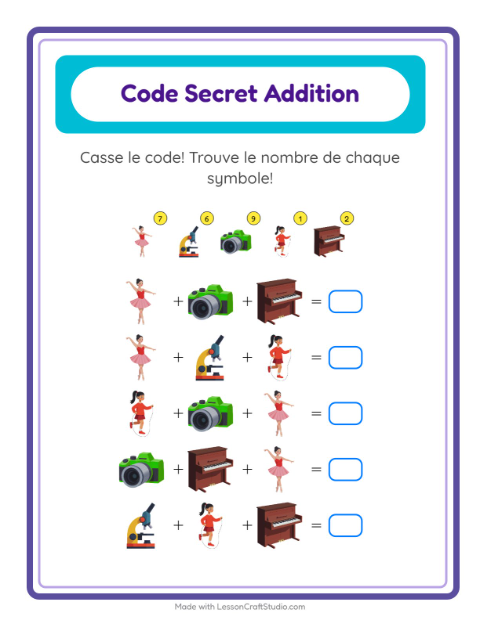 Aperçu de la fiche Addition Codée avec Activités pour École maternelle (grande section, 5-7 ans)