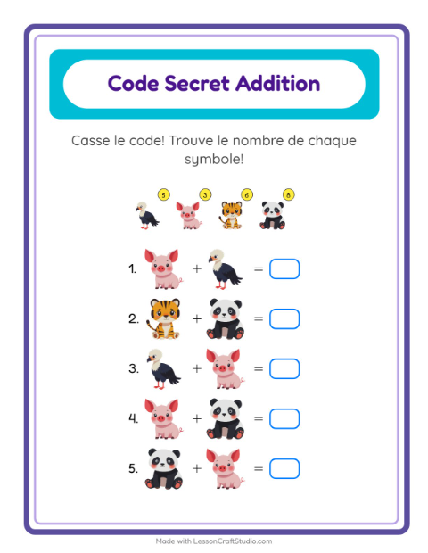Aperçu de la fiche Addition Codée avec Animaux pour École maternelle (grande section, 5-7 ans)