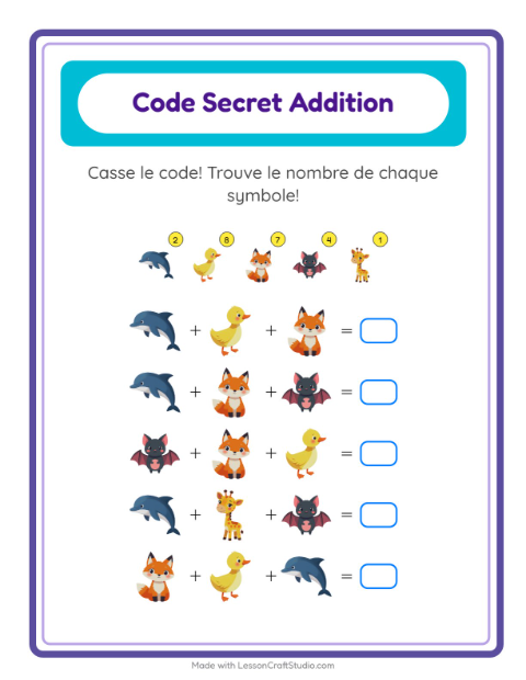 Aperçu de la fiche Addition Codée avec Animaux pour École maternelle (grande section, 5-7 ans)