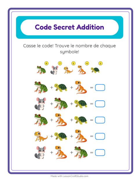 Aperçu de la fiche Addition Codée avec Animaux de compagnie pour École maternelle (grande section, 5-7 ans)
