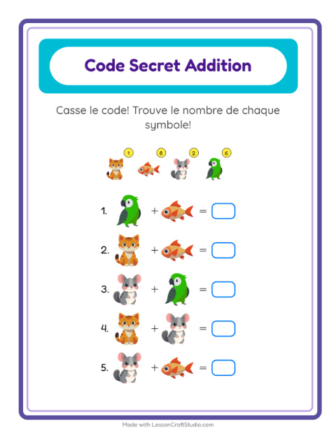 Aperçu de la fiche Addition Codée avec Animaux de compagnie pour École maternelle (grande section, 5-7 ans)