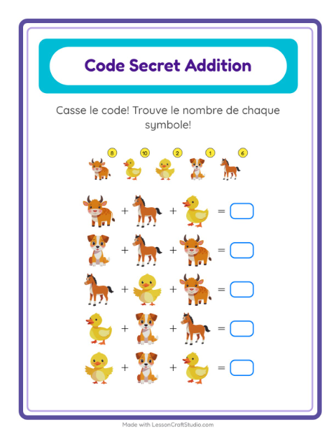 Aperçu de la fiche Addition Codée avec Animaux de la ferme pour École maternelle (grande section, 5-7 ans)
