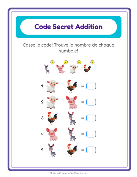 Aperçu de la fiche Addition Codée avec Animaux de la ferme pour École maternelle (grande section, 5-7 ans)