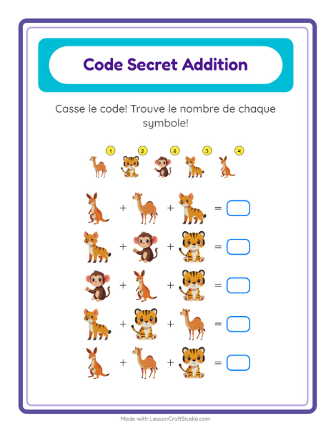 Aperçu de la fiche Addition Codée avec Animaux du zoo pour École maternelle (grande section, 5-7 ans)