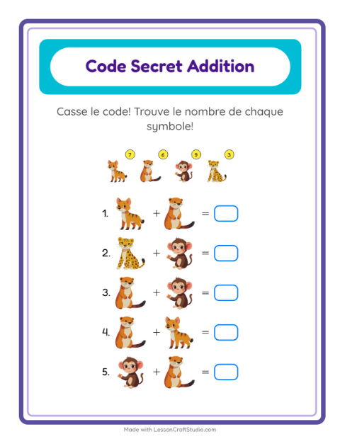Aperçu de la fiche Addition Codée avec Animaux du zoo pour École maternelle (grande section, 5-7 ans)
