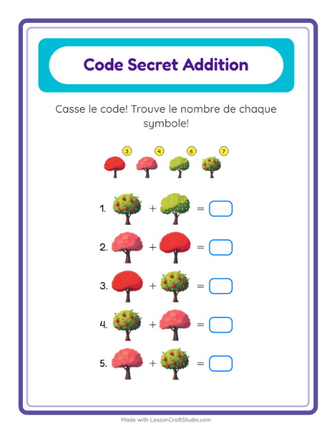 Aperçu de la fiche Addition Codée avec Arbres pour École maternelle (grande section, 5-7 ans)