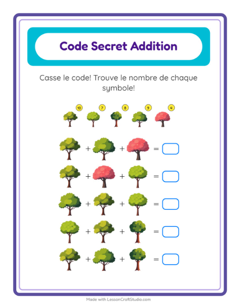 Aperçu de la fiche Addition Codée avec Arbres pour École maternelle (grande section, 5-7 ans)