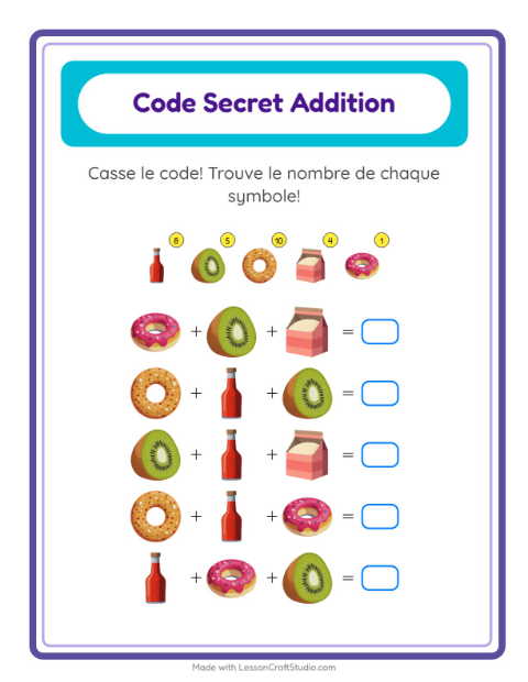 Aperçu de la fiche Addition Codée avec Au supermarché pour École maternelle (grande section, 5-7 ans)