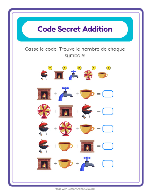 Aperçu de la fiche Addition Codée avec Autour de la maison pour École maternelle (grande section, 5-7 ans)