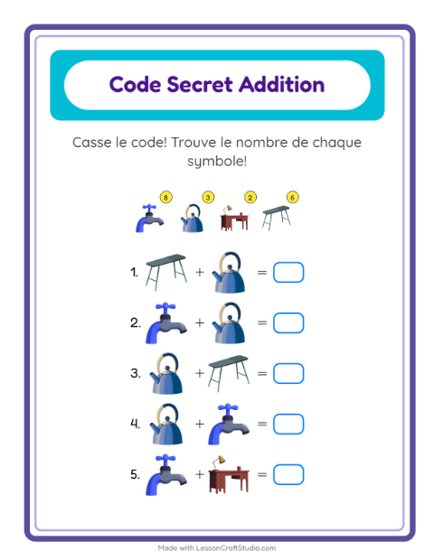 Aperçu de la fiche Addition Codée avec Autour de la maison pour École maternelle (grande section, 5-7 ans)