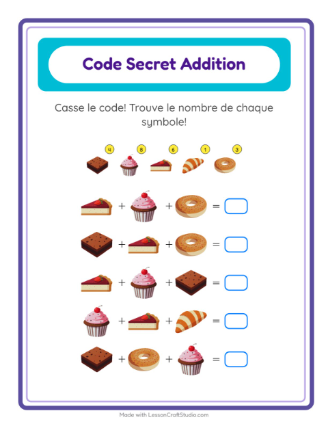 Aperçu de la fiche Addition Codée avec Boulangerie pour École maternelle (grande section, 5-7 ans)