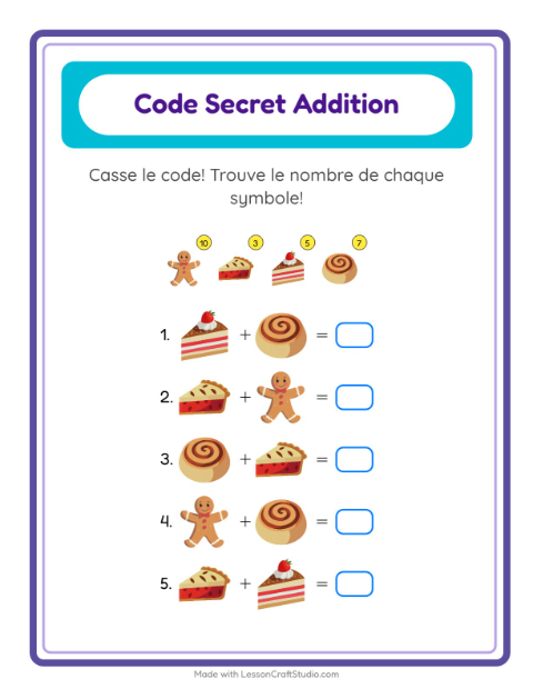 Aperçu de la fiche Addition Codée avec Boulangerie pour École maternelle (grande section, 5-7 ans)