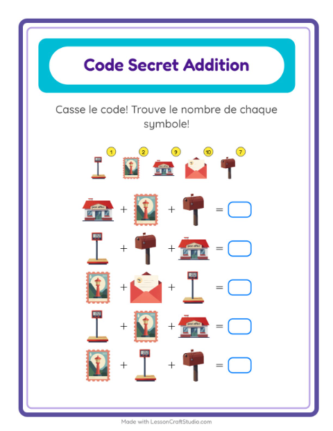 Aperçu de la fiche Addition Codée avec Bureau de poste pour École maternelle (grande section, 5-7 ans)