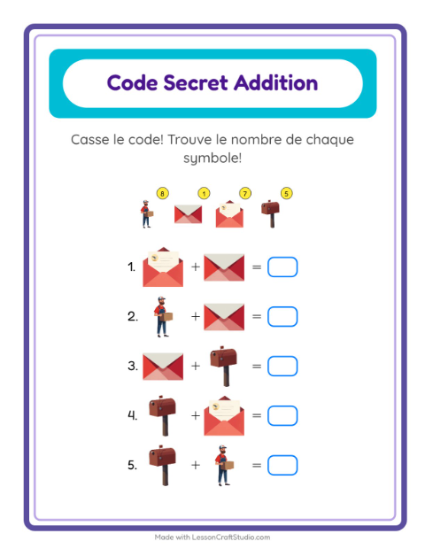 Aperçu de la fiche Addition Codée avec Bureau de poste pour École maternelle (grande section, 5-7 ans)