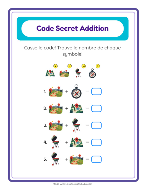 Aperçu de la fiche Addition Codée avec Camping pour École maternelle (grande section, 5-7 ans)