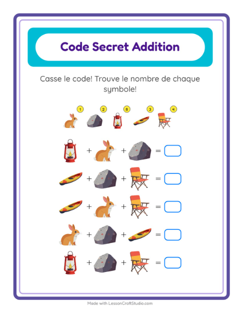 Aperçu de la fiche Addition Codée avec Camping pour École maternelle (grande section, 5-7 ans)