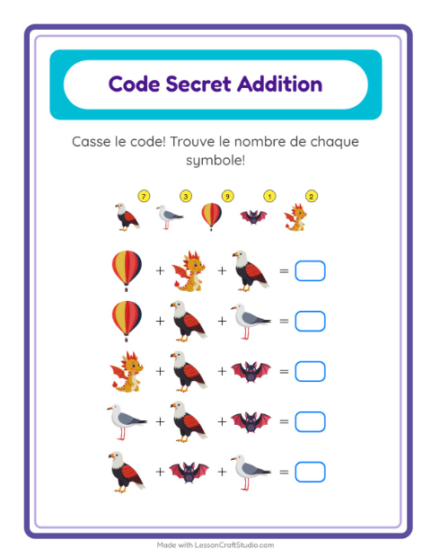 Aperçu de la fiche Addition Codée avec Choses qui volent pour École maternelle (grande section, 5-7 ans)