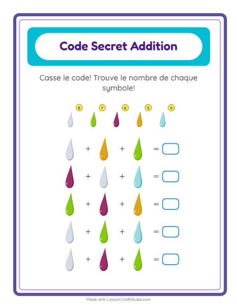 Aperçu de la fiche Addition Codée avec Couleurs pour École maternelle (grande section, 5-7 ans)