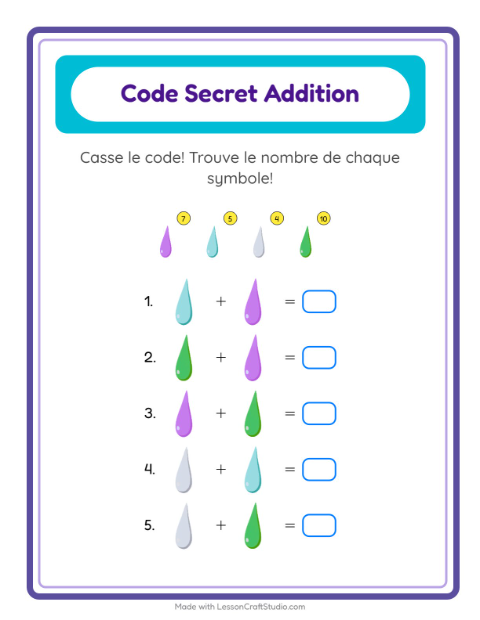 Aperçu de la fiche Addition Codée avec Couleurs pour École maternelle (grande section, 5-7 ans)