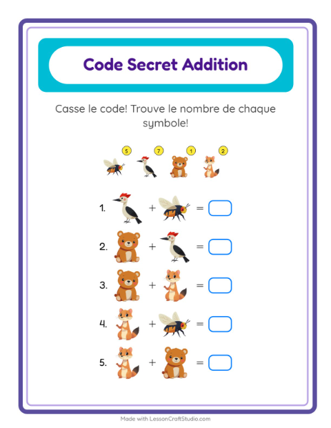 Aperçu de la fiche Addition Codée avec Créatures de la forêt pour École maternelle (grande section, 5-7 ans)