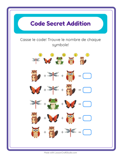 Aperçu de la fiche Addition Codée avec Créatures de la forêt pour École maternelle (grande section, 5-7 ans)