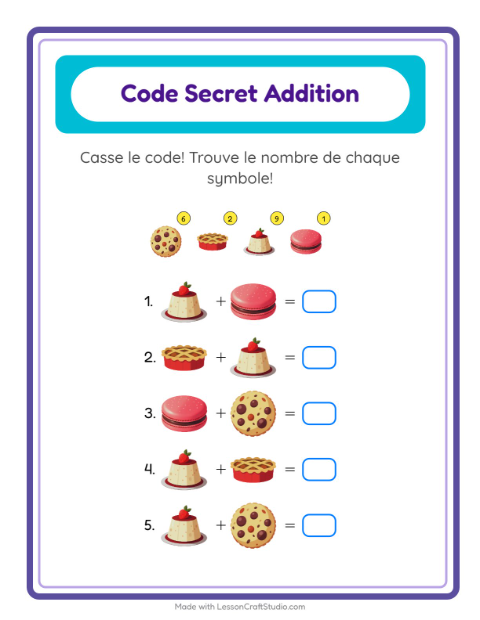 Aperçu de la fiche Addition Codée avec Desserts et sucreries pour École maternelle (grande section, 5-7 ans)