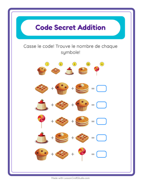 Aperçu de la fiche Addition Codée avec Desserts et sucreries pour École maternelle (grande section, 5-7 ans)