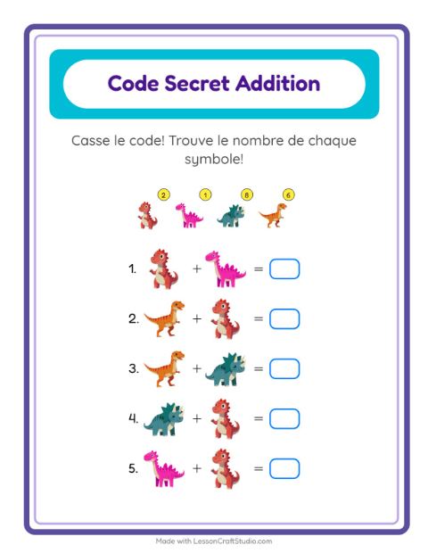 Aperçu de la fiche Addition Codée avec Dinosaures pour École maternelle (grande section, 5-7 ans)