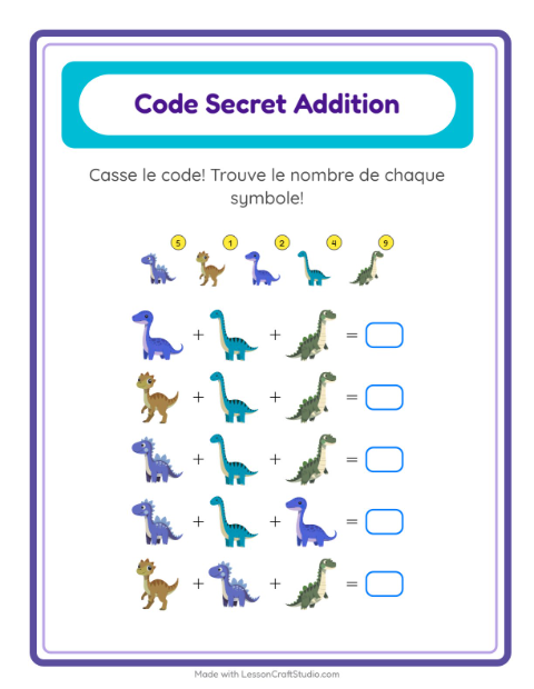 Aperçu de la fiche Addition Codée avec Dinosaures pour École maternelle (grande section, 5-7 ans)
