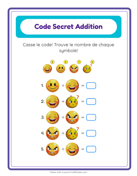 Aperçu de la fiche Addition Codée avec Émotions pour École maternelle (grande section, 5-7 ans)