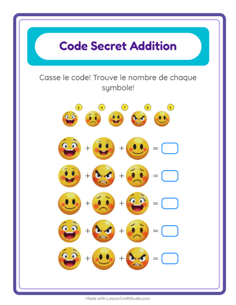 Aperçu de la fiche Addition Codée avec Émotions pour École maternelle (grande section, 5-7 ans)