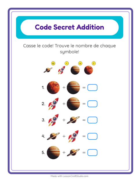 Aperçu de la fiche Addition Codée avec Espace pour École maternelle (grande section, 5-7 ans)