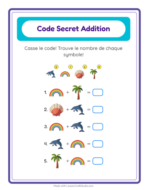 Aperçu de la fiche Addition Codée avec Été pour École maternelle (grande section, 5-7 ans)