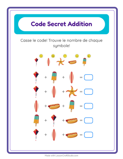 Aperçu de la fiche Addition Codée avec Été pour École maternelle (grande section, 5-7 ans)