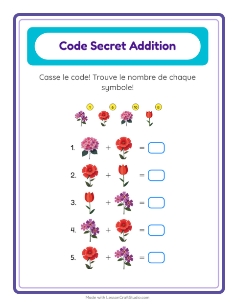 Aperçu de la fiche Addition Codée avec Fleurs pour École maternelle (grande section, 5-7 ans)