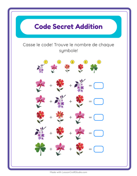 Aperçu de la fiche Addition Codée avec Fleurs pour École maternelle (grande section, 5-7 ans)