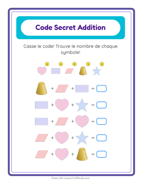 Aperçu de la fiche Addition Codée avec Formes pour École maternelle (grande section, 5-7 ans)
