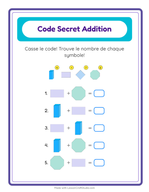Aperçu de la fiche Addition Codée avec Formes pour École maternelle (grande section, 5-7 ans)