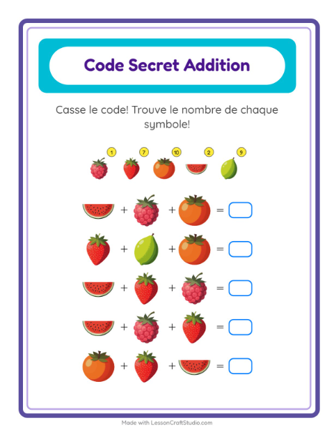Aperçu de la fiche Addition Codée avec Fruits pour École maternelle (grande section, 5-7 ans)