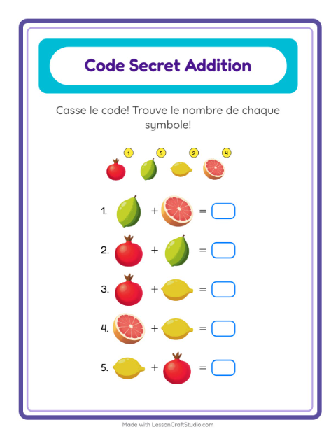Aperçu de la fiche Addition Codée avec Fruits pour École maternelle (grande section, 5-7 ans)