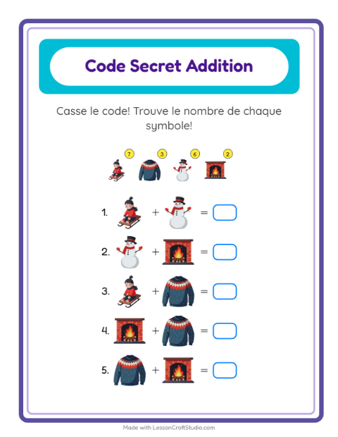 Aperçu de la fiche Addition Codée avec Hiver pour École maternelle (grande section, 5-7 ans)