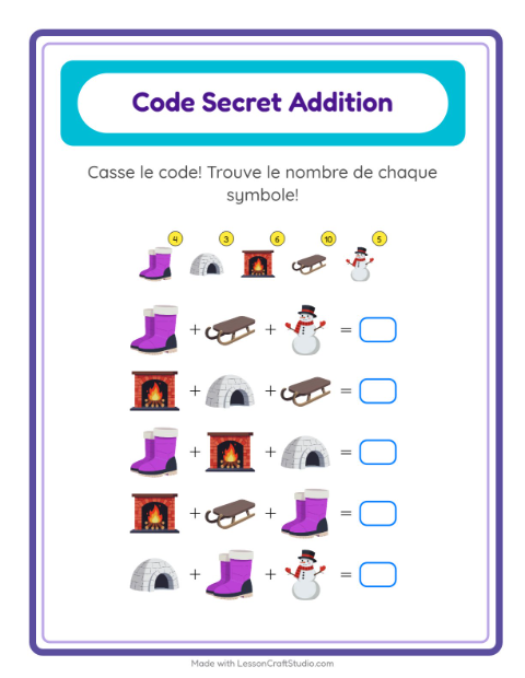 Aperçu de la fiche Addition Codée avec Hiver pour École maternelle (grande section, 5-7 ans)