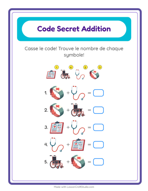 Aperçu de la fiche Addition Codée avec Hôpital pour École maternelle (grande section, 5-7 ans)
